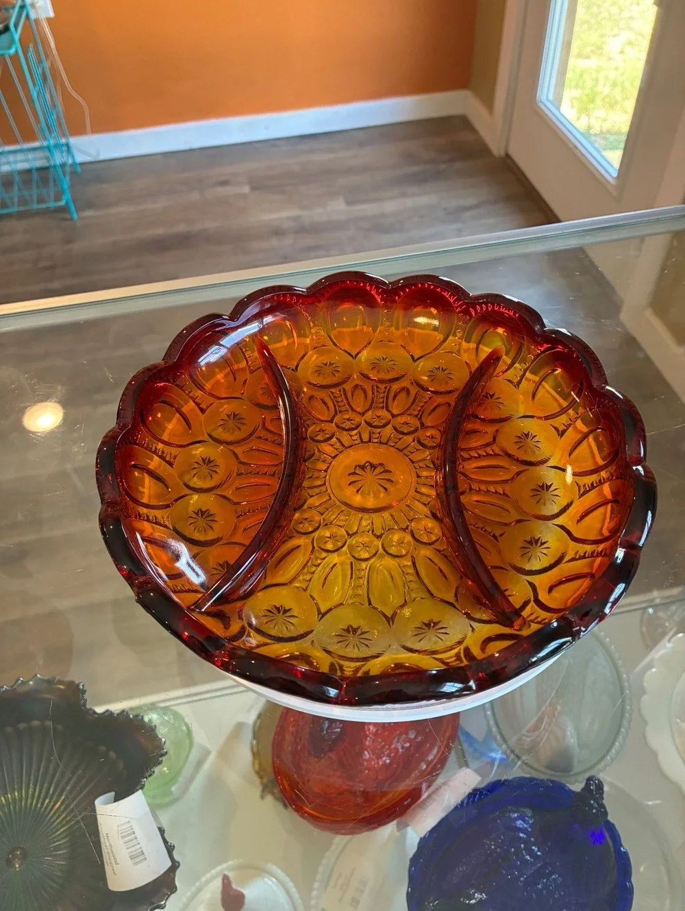 L.E. Smith Vintage Amberina Moon & Star Relish Tray UV Reactive Glass